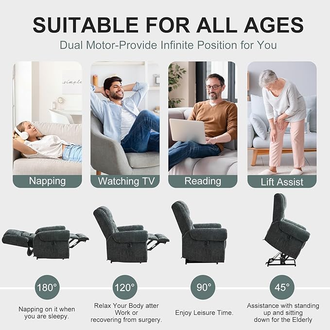 CDCASA Dual Motor Lay Flat Lift Chairs Recliners for Elderly with Massage and Heat, Upgraded Chenille Infinite Position Large Sleeping Power Lift Chair Recliner for Seniors, Set of 2,Grey Blue