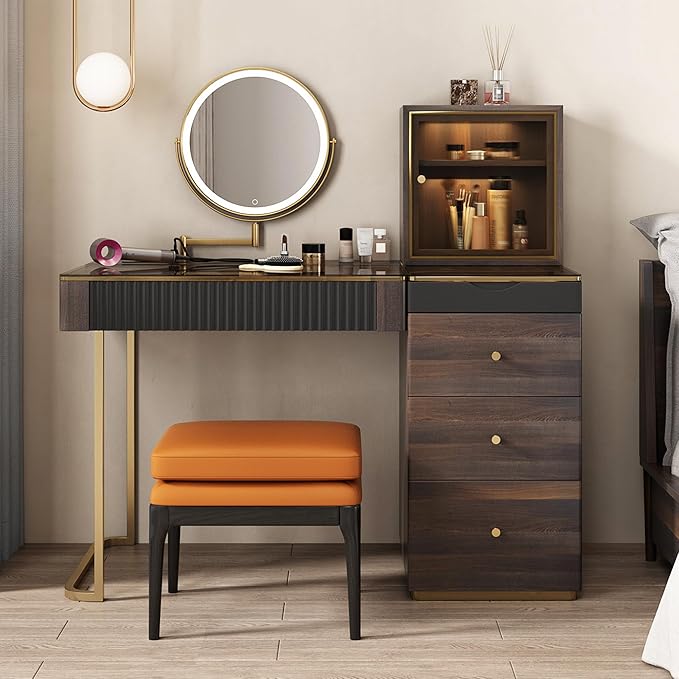 Lartis Vanity with Mirror and Lights Makeup Vanity Table with Stool, 47 inch Black Dressing Table with Dimmable LED Mirror, Ample Storage, Convenient Power Access, Easy Assembly