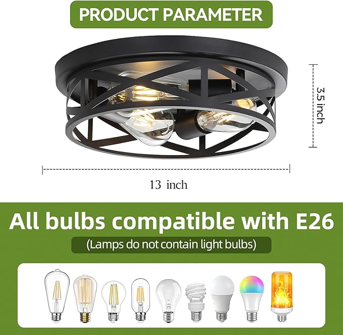 13 inch Black Flush Mount Ceiling Light Fixtures,3-Light Modern Hallway Light Fixtures Ceiling, Black Light Fixture Ceiling Mount for Farmhouse,Kitchen, Bedroom 2 Pack