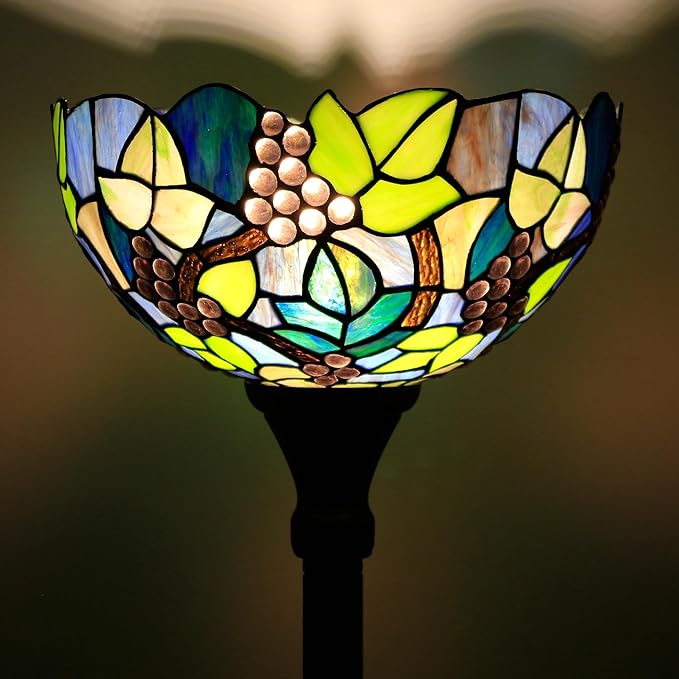 Tiffany Floor Lamp Torchiere Stained Glass Torch Lamp 12X12X67 Inch Antique Standing Corner Light (Amber Grape)