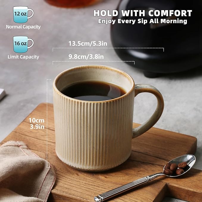 MONITO Coffee Mugs Set of 6, 16 oz Mugs Set, Ceramic Coffee Cups with Large Handles, Suitable for Lattes, Hot tea, Cappuccinos, Mochas and Cocoa,Bonbon Beige