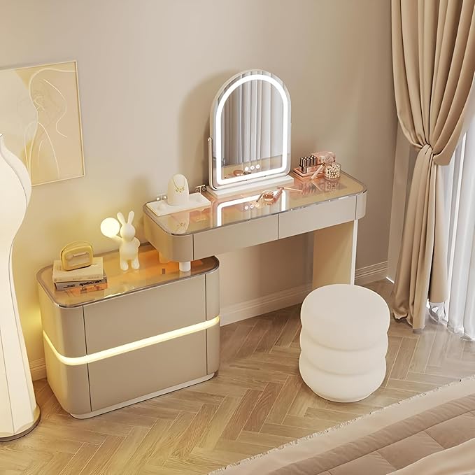 Vanity Set - Solid Wood Vanities Desk with LED Smart Mirror and Drawers, Modern Vanity Table with Glass Countertop and Makeup Stool, Vanities for Bedroom, Gifts for Her (Khaki)