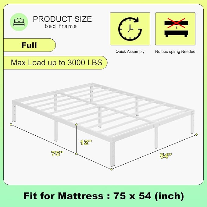 12 Inch White Full Size Bed Frame, Heavy Duty Bed Frame Full Size Mattress Foundation, No Box Spring Needed, Easy Assembly, Noise-Free