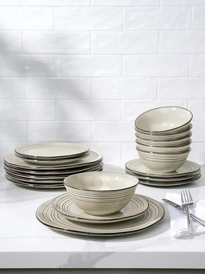 Famiware Plates and Bowls Sets 24-Piece Stoneware Dinnerware Sets, Dishes Set for 8, Hand-made Reactive Glaze Dish Set, Twilight Series, Terre-verte