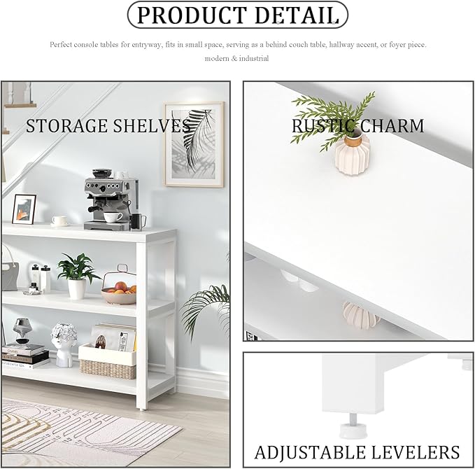 EXCEFUR Modern Entryway Table, Sofa Console Tables for Living Room, 3 Tier Foyer Table for Hallway, Behind Couch (47 Inch, White)