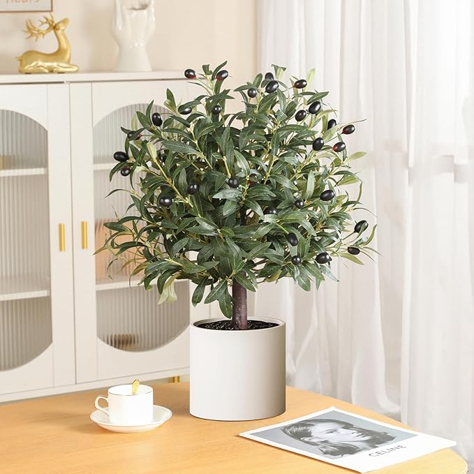 25.5” Tall Artificial Topiary Ball Olive Tree Set of 2 Pack, Olive Boxwood Topiary Ball Potted Bushes UV Resistant Potted Plants for Garden Indoor Outdoor Home Decor