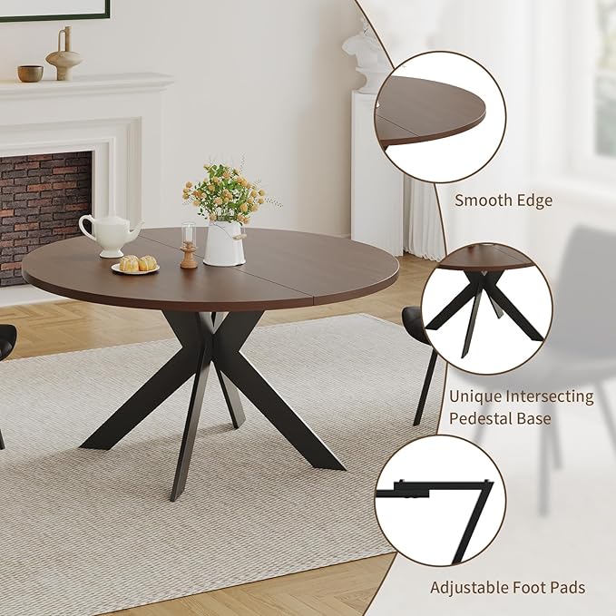 45.3" Walnut Round Dining Table Set with 2 Chairs – Mid-Century Modern Small-Space Kitchen & Dining Room Furniture for Apartment or Breakfast Nook (Walnut – Table + 2 Black Chairs)