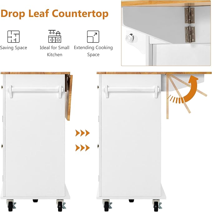 Kitchen Cart with Wood Top and Drop Leaf Breakfast Bar, Rolling Mobile Kitchen Island Table on Wheels with Drawer and Storage Cabinet, Spice Rack, Towel Rack, White