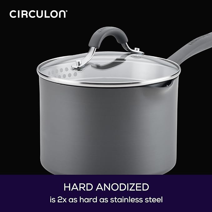 Circulon Radiance Hard-Anodized Nonstick Straining Saucepan, 3-Quart, Gray