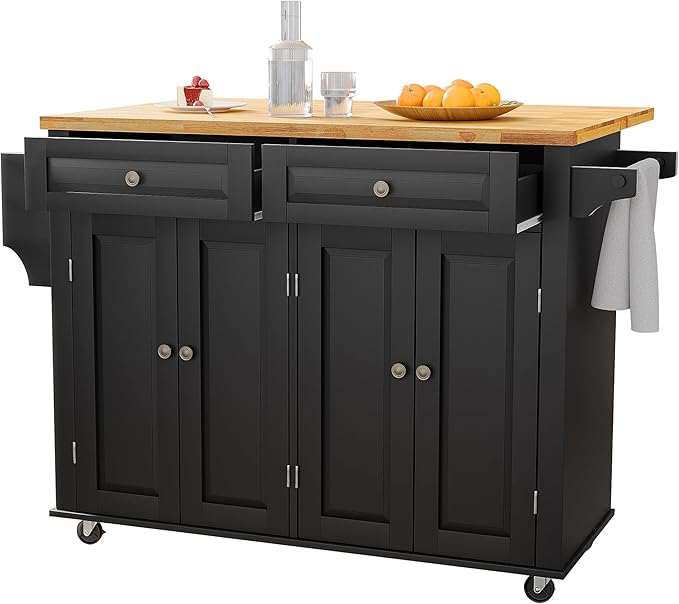 Kitchen Cart with Wood Top and Drop Leaf Breakfast Bar, Rolling Mobile Kitchen Island Table on Wheels with Drawer and Storage Cabinet, Spice Rack, Towel Rack, Black