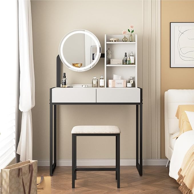 Small Vanity Desk with Mirror and Lights, Makeup Vanity Table with LED Mirror, 3 Lighting Modes, Power Outlet, Drawer, Open Shelves and Cushioned Stool for Bedroom (Black)