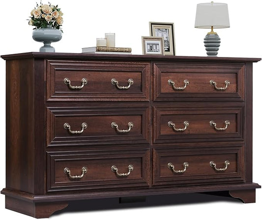 WLIVE Wood Dresser for Bedroom with 6 Drawer, 51.97'' Wide, Farmhouse Long Storage Dresser Organizer with Roman Metal Handle, TV Stand for 60 inch TV, Chest of Drawers for Living Room, Hallway, Brown