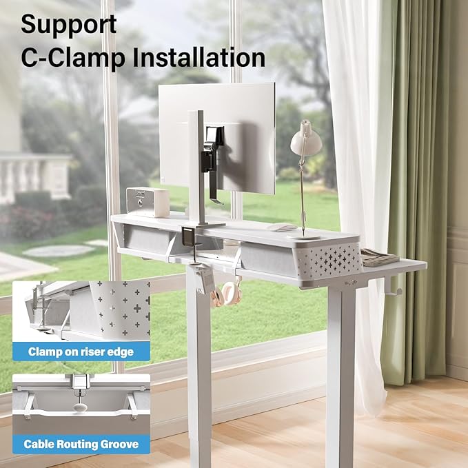 Electric Standing Desk with 2 Drawers 48''x 24'' Adjustable Height Sit to Stand Up Desk with Storage Shelf, C-Clamp Mount Compatible White Home Office Desks Computer Gaming Table Ergonomic Workstation