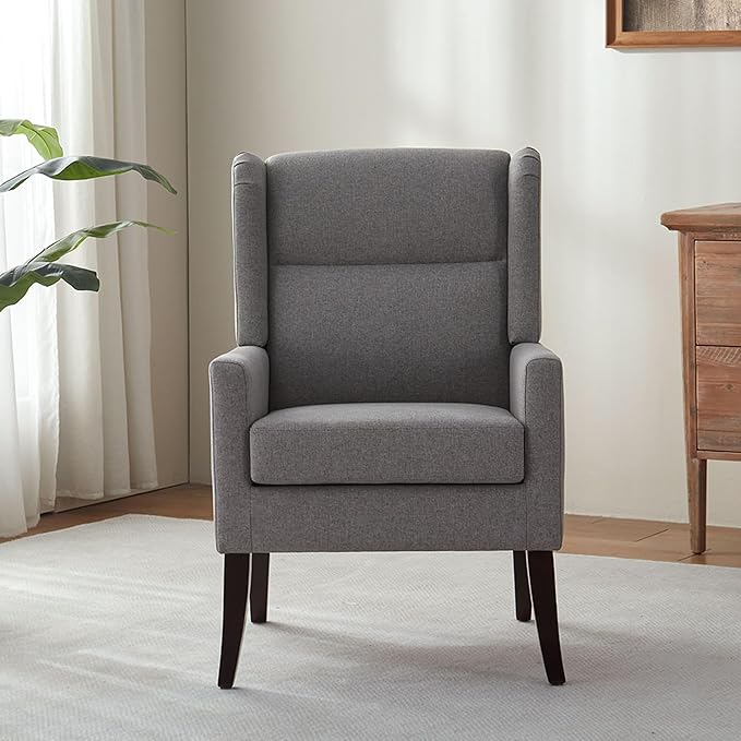 High Back Living Room Chairs, Fabric Accent Chair, Comfy Upholstered Armchair with Wooden Legs for Living Room, Bedroom, Apartment (1, Grey)
