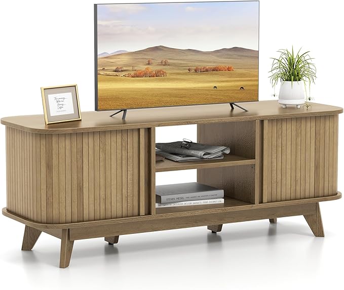 Tangkula Sliding Doors TV Stand for TV up to 55 Inch, Mid Century Modern TV Console Table, Television Cabinet w/ 2 Open Shelves & Sliding Doors, Home Media Entertainment Center for Living Room (Oak)