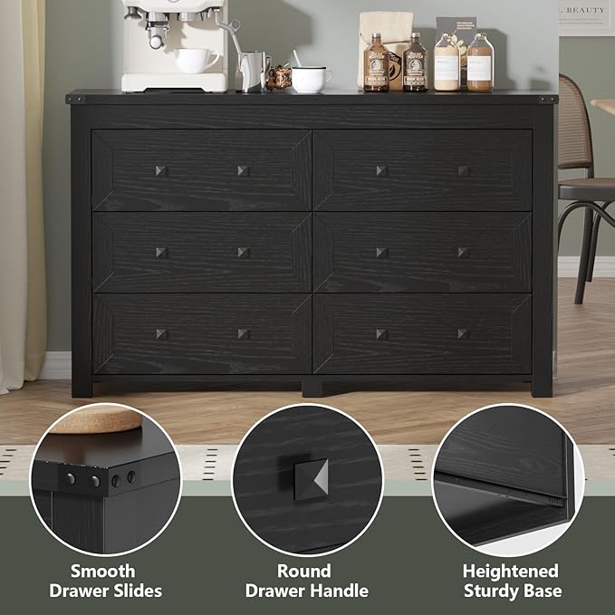 Black Dresser for Bedroom, 47.3" Modern Dresser for Closet TV Stand, 6 Drawer Wood Dressers & Chest of Drawers with Black Knobs, Wide Closet Storage Organizer for Living Room, Hallway