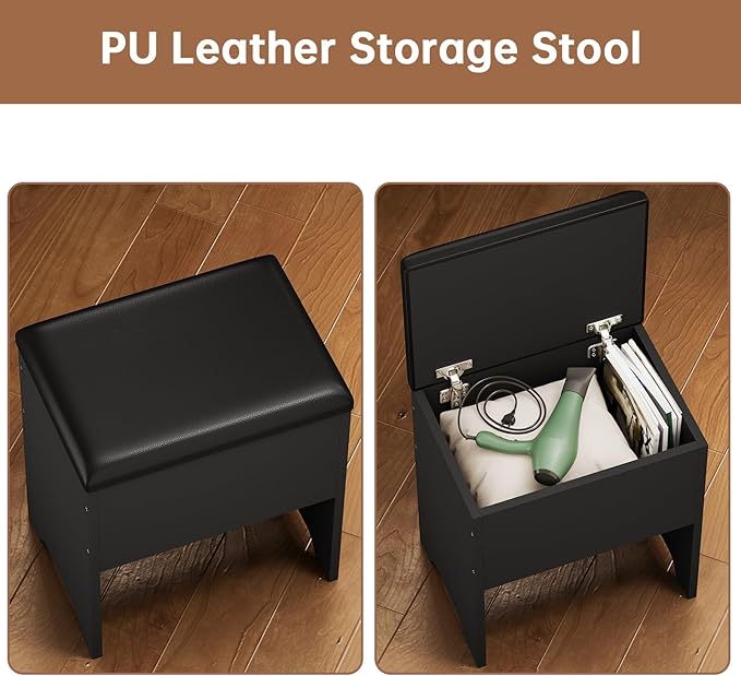 Vanity Desk with Mirror Lights, Storage Bench & Power Outlet, Corner Vanities with Rotating Cabinet & Drawers, 42.5" L Shaped Vanity Set, 3 Light Settings, for Women Girls, Modern Black