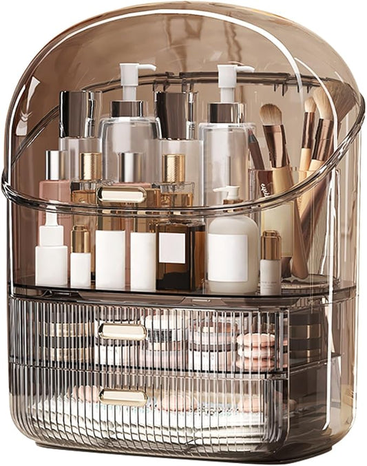 DASITON Makeup Organizer for Vanity,Large Capacity Cosmetic Organizer for Countertop,3 Layers Makeup Storage Organizer,Waterproof & Dustproof Cosmetic Display Case for Bathroom,Dresser,Bedroom(Coffee)