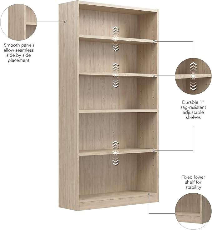 Bush Furniture Universal Tall 5 Shelf Bookcase in Natural Elm, Vertical Storage and Display Bookshelf for Home Office or Living Room Organization