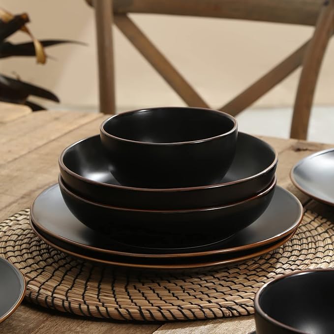 Stone Lain Brasa Stoneware 32 Piece Dinnerware, Plates and Bowls Sets for 8, Black, Glossy Rustic-Chic Design, Microwave & Dishwasher Safe