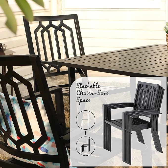 PHI VILLA Outdoor Dining Set 7 Pcs 1 Metal Dining Table and 6 Outdoor Dining Chairs Metal Patio Bistro Stackable Chairs, Black for Outdoor Backyard Bistro Furniture Set