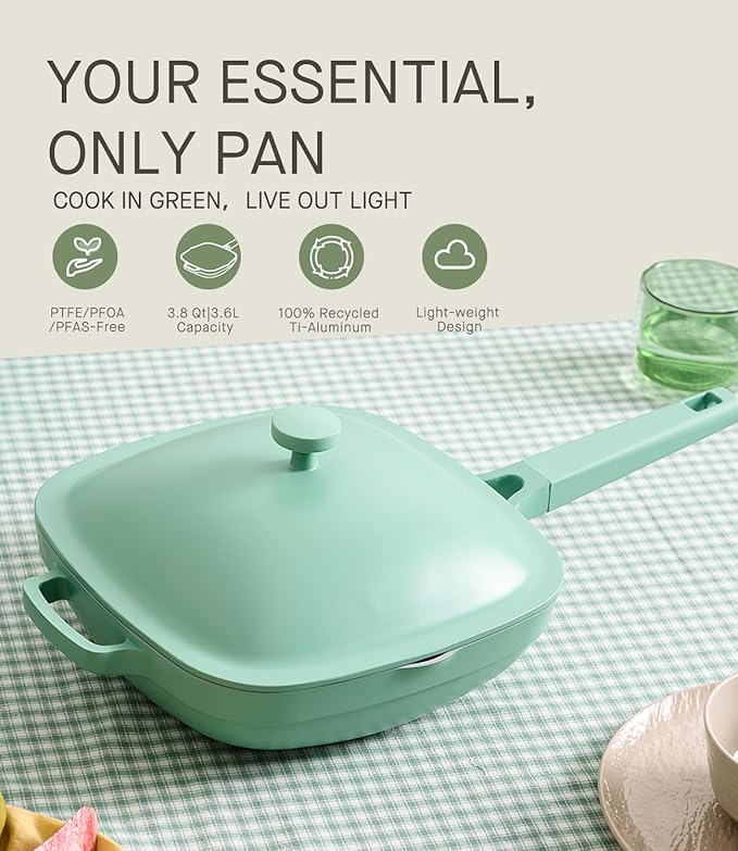 10.5 Inch(3.8QT) Ceramic Pan with Lid,Non Stick Frying Pans Cast Aluminum Deep Sauté Pans,Ti-Ceramic Non Toxic Pix Pan with Wooden Spatula and Scrubber-Mint Haze