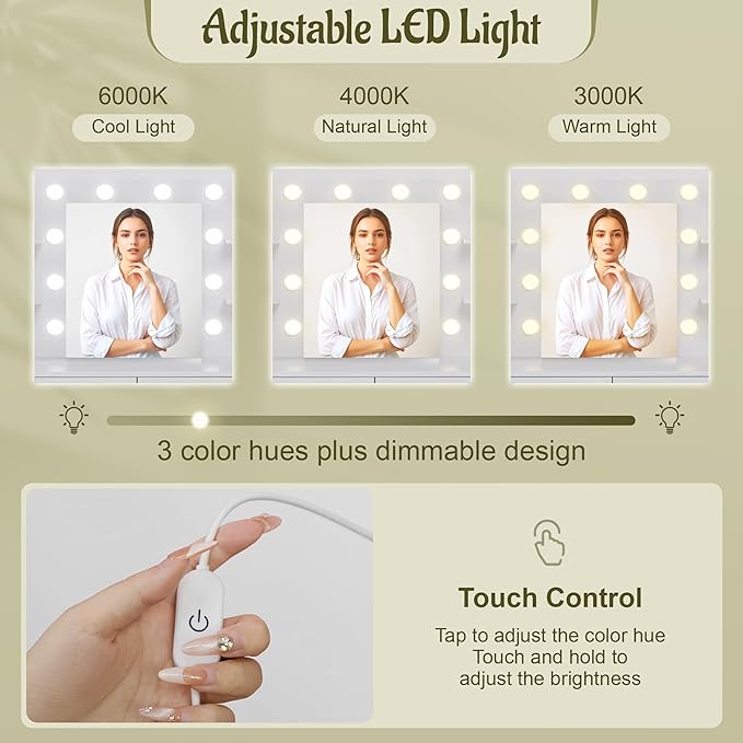 YESHOMY Vanity Desk with Mirror, Makeup Table with 2 Large Drawers, Power Outlet and Round Holder, 3 Color Modes Adjustable Bulb, White