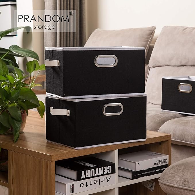 PRANDOM Large Collapsible Storage Bins for Closet [5-Pack] Decorative Fabric Storage Baskets Cubes with Leather/Metal Handles for Shelves Bedroom Living Room Black (14.9x9.8x8.3 Inch)