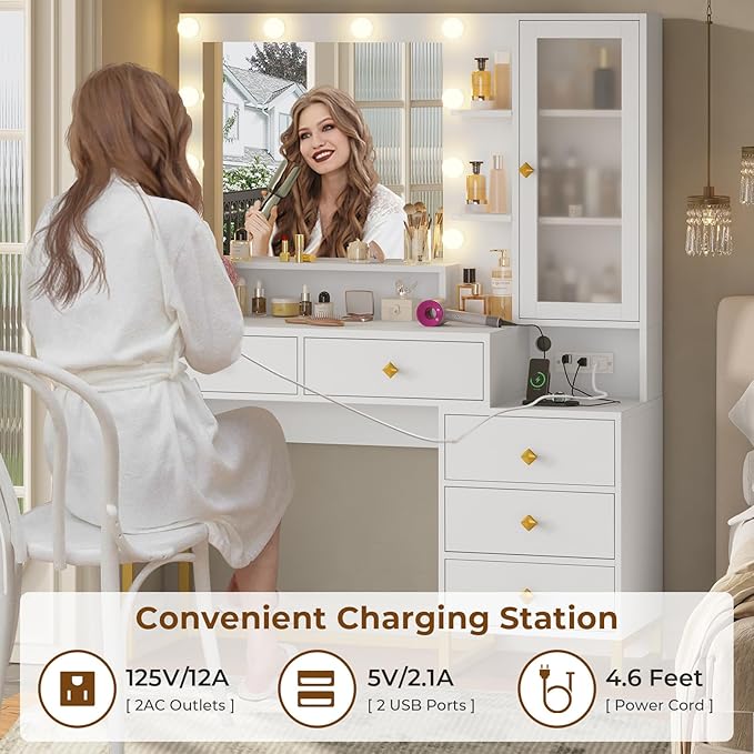 Tiptiper Large Makeup Vanity with Lights, Vanity Table with Charging Station Vanity Desk with Mirror and 10 LED Light Bulbs, Makeup Table with 5 Drawers, Nightstand and Storage Shelves, White & Gold
