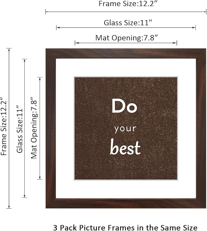 11x11 Picture Frame Set of 3 with Real Glass for Pictures 8x8 with Mat or 11x11 Without Mat, Wall Gallery or Tabletop display Photo Frames in Walnut
