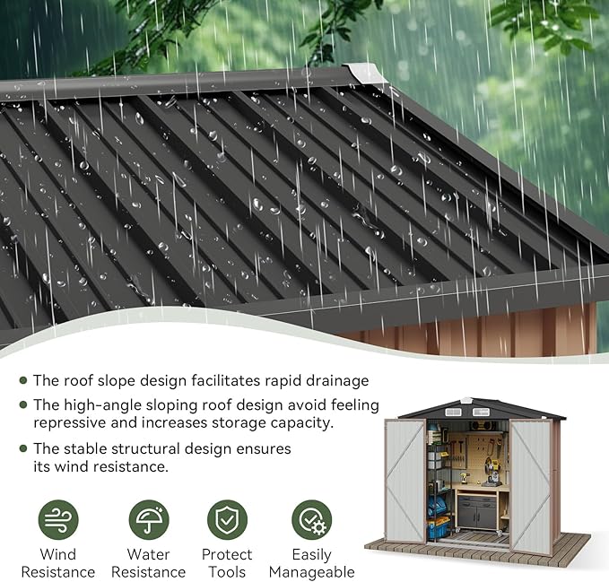 Aoxun 6x3.9 FT Shed with Base Metal Outdoor Storage Shed Garden Shed with Lockable Doors Tool Shed Bike Shed for Backyard, Patio, Poolside (Brown)