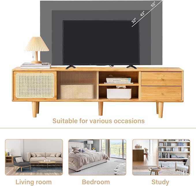 Tiita Rattan TV Stand for 55 60 Inch TV, Bamboo TV Cabinet with 2 Drawers, Boho Entertainment Center with Adjustable Shelf, Mid Century Modern Media Console for Bedroom, Living Room, Study