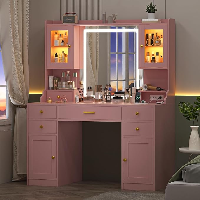 Vanity Desk with Mirror and Lights, Makeup Vanity Table with Power Outlet, Dressing Vanity Table Set with 6 Drawers & 4 Cabinets, 3 Color Modes & Brightness Adjusted, for Bedroom Room, Pink