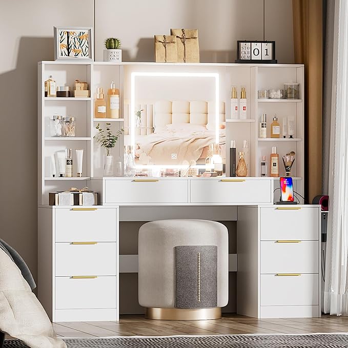 Large Makeup Vanity Desk with Lighted Mirror & Power Outlet,Dresser Table with 3 Lighting Modes Brightness Adjustable,Drawers,Shelves,Hair Dryer Stand for Bedroom,White (No Stool)