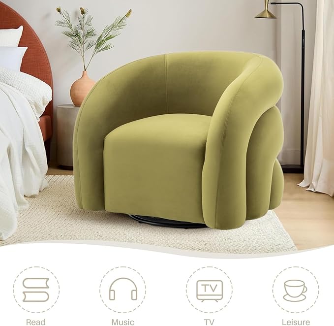 34.6" Velvet Swivel Accent Chair, Modern Round Armchair for Living Room,Upholstered Comfy Sofa Barrel Chairs for Bedroom Reading Apartment Lounge,Fully Assembled(Grass Green)