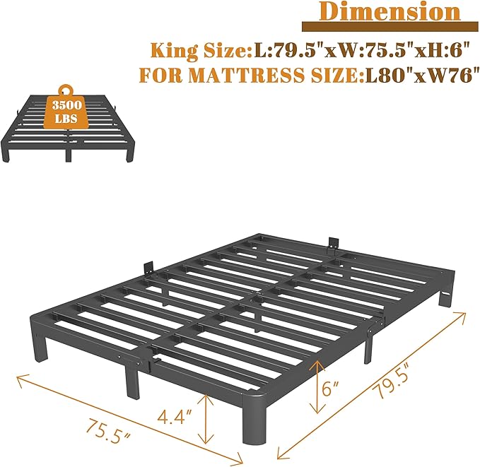 6 Inch King Size Bed Frame with Metal Gaskets, Black Bed Frame King Size No Box Spring Needed, Heavy Duty Steel Platform Support, Round Corner Design, Reserved Holes, Noiseless, Easy Assembly