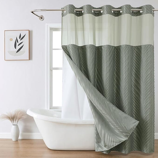 no Hook Shower Curtain and Liner Set，Boho Style with See Through Top Window, SageGreen Fabric Tufted Striped Textured Outer Curtain & Waterproof Inner Liner, SageGreen, 71Wx86H