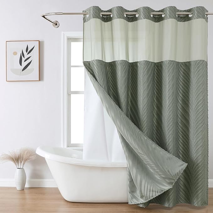 no Hook Shower Curtain and Liner Set，Boho Style with See Through Top Window, SageGreen Fabric Tufted Striped Textured Outer Curtain & Waterproof Inner Liner, SageGreen, 71Wx98H