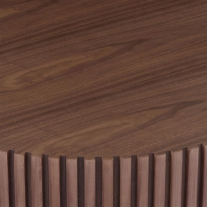 Round Coffee Table for Living Room, Accent Fluted Drum Coffee Table with Storage, Modern Solid Wood Circle Center Tea Table for Small Space Apartment (39.4''D×14''H-Walnut)