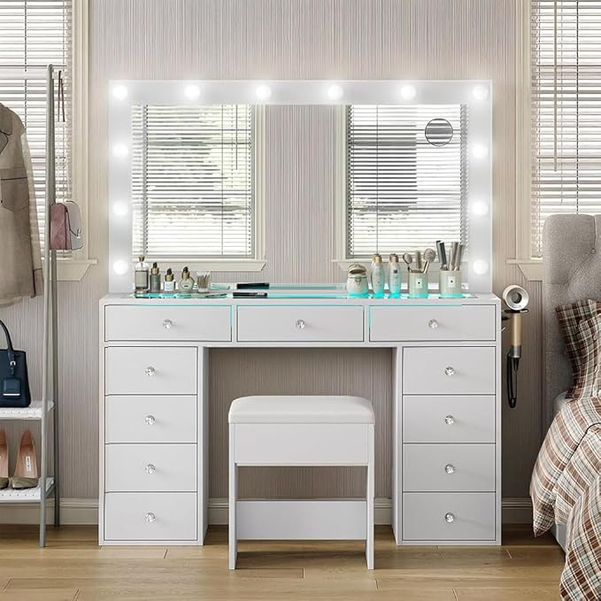 Vanity Desk with Mirror, Makeup Table with Power Outlet and 11 Lights, Set 3 Lighting with RGB Drawers, Vanity Table with 11 Drawers and Cushioned Stool for Bedroom, Dressing Room (White)