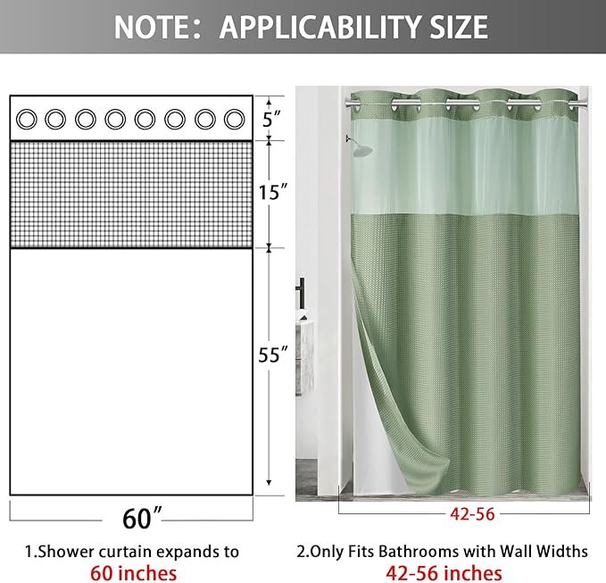 YellyHommy Stall No Hook Shower Curtain with Snap in Liner Set Less Time Green Waffle Shower Curtain for Bathroom 75" L x 60" W