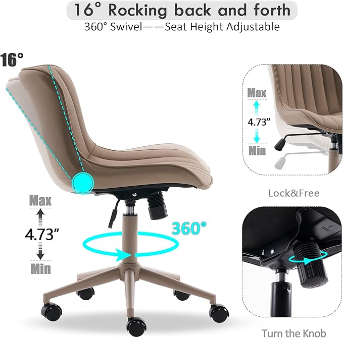 YOUNIKE Home Office Desk Chair with Wheels Armless Vanity Chair with Back Comfy Modern Leather Upholstered Rolling Task Chair Swivel Small Cute Sewing Chair No Arms Wide Adjustable Ergonomic All Khaki