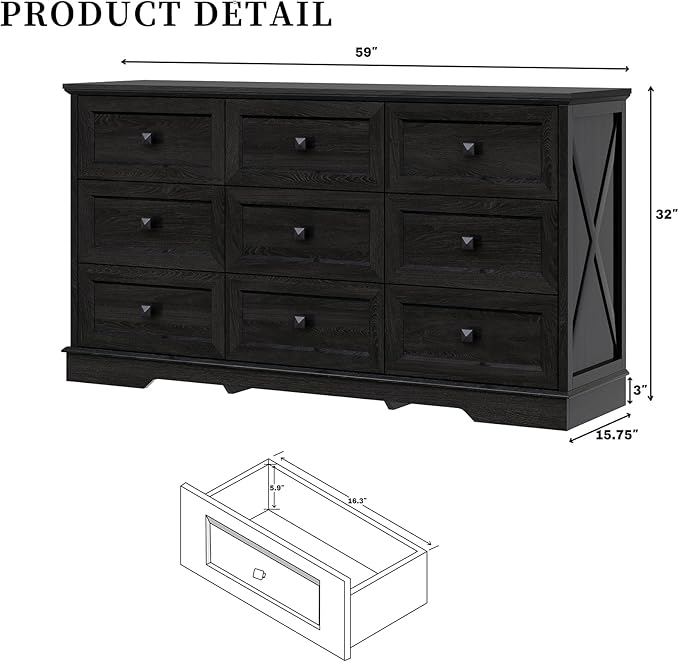Farmhouse 9 Drawers Dresser Chests for Bedroom, Black 9 Drawers TV Stand, Long Wood Dressers Organizer for Closet, Modern Storage Organizer Cabinet for Bedroom, Hallway & Entryway