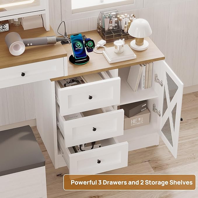 ALBAD Vanity Desk with Mirror and Lights Farmhouse Makeup Vanity Desk with Sliding Mirror and Vanity Stool Set Rustic Vanity Dresser with Organization and Storage Drawers and Charging Station White
