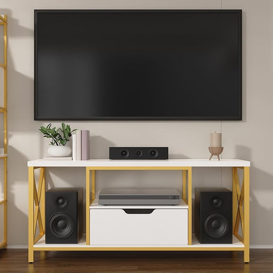 TV Stand with Drawer for TVs up to 60 Inch, Industrial TV Console Table with Open Storage Shelves, Modern Entertainment Center for Living Room, White and Gold