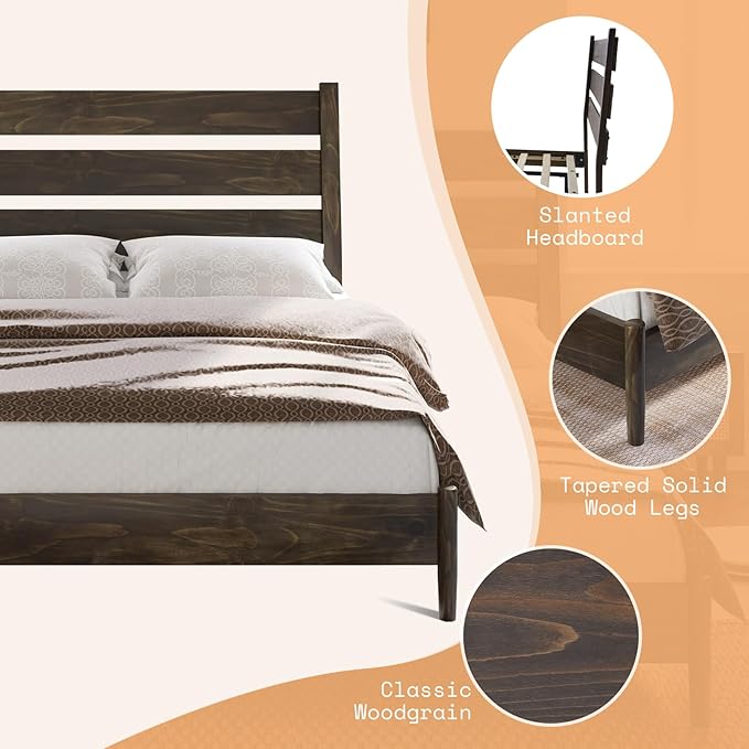 AMERLIFE Queen Solid Wood Bed Frame, Mid Century Platform Beds with Reclining Slatted Headboard, Wood Slat Support/No Box Spring Needed/Noise Free, Dark Brown