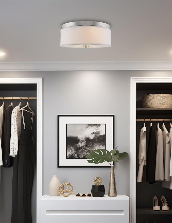 Kira Home Walker 15" Mid-Century Modern 3-Light Flush Mount Ceiling Light, White Fabric Shade + Round Glass Diffuser, Brushed Nickel Finish