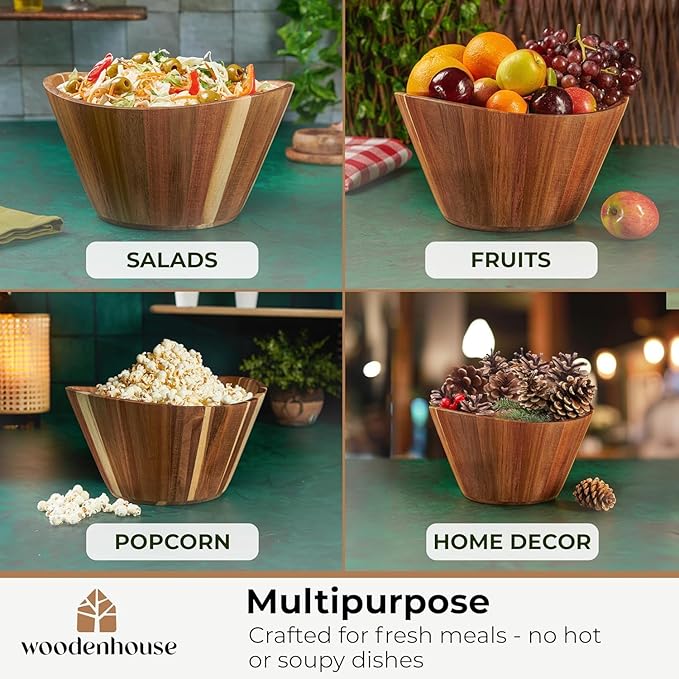 Woodenhouse Wooden Salad Bowl, Wooden Bowl, Fruit Bowl - 12" Wavy Large Salad Bowl for Serving, Handmade, Durable and Stylish Natural Wood Dining Accessory