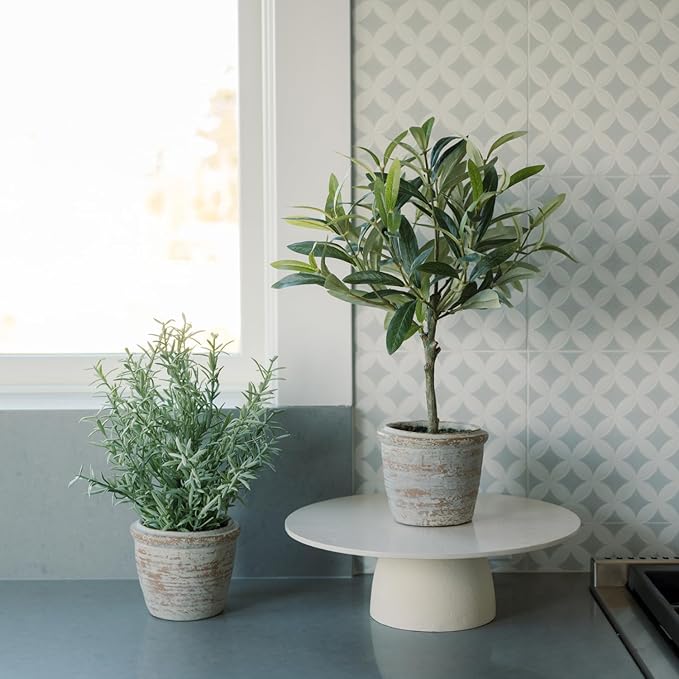 CG Hunter Faux Rosemary Plant & Olive Topiary, Set-of-2 Premium Artificial Indoor Plants, Enhances Interior Design, Lifelike-Leaves Create Realistic Natural Appearance, Grey Planter Pot Included
