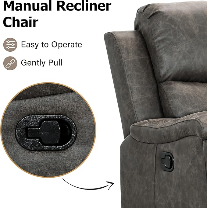 CANMOV Leather Recliner Chair, Classic and Traditional Manual Recliner Chair with Overstuffed Arms and Back, Manual Single Sofa with Concealed Cup Holders,Grey